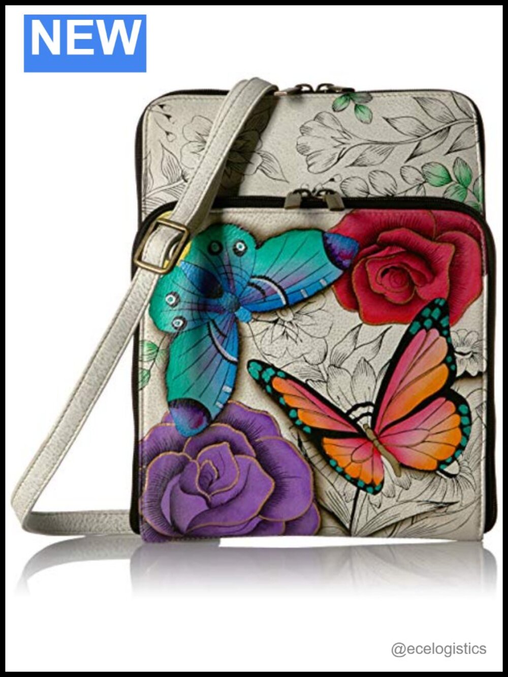 Hand Painted Leather Women's All Round Zippered Organiser Crossbody Bag with